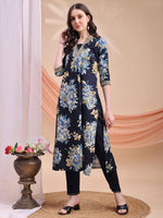 Thumbnail for Floral Printed A-Line Kurta With Pant & Dupatta, Navy Blue - Hiral Fashion - Distacart