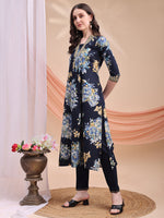 Thumbnail for Floral Printed A-Line Kurta With Pant & Dupatta, Navy Blue - Hiral Fashion - Distacart
