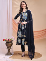 Thumbnail for Floral Printed A-Line Kurta With Pant & Dupatta, Navy Blue - Hiral Fashion - Distacart