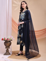 Thumbnail for Floral Printed A-Line Kurta With Pant & Dupatta, Navy Blue - Hiral Fashion - Distacart