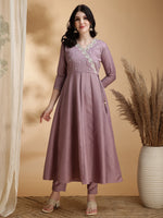 Thumbnail for Angrakha Style Embroidered Anarkali Kurta With Pant & Dupatta, Mauve - Hiral Fashion - Distacart