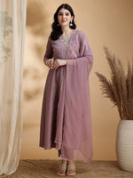 Thumbnail for Angrakha Style Embroidered Anarkali Kurta With Pant & Dupatta, Mauve - Hiral Fashion - Distacart
