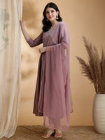 Thumbnail for Angrakha Style Embroidered Anarkali Kurta With Pant & Dupatta, Mauve - Hiral Fashion - Distacart