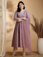 Thumbnail for Angrakha Style Embroidered Anarkali Kurta With Pant & Dupatta, Mauve - Hiral Fashion - Distacart