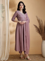 Thumbnail for Angrakha Style Embroidered Anarkali Kurta With Pant & Dupatta, Mauve - Hiral Fashion - Distacart