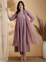 Thumbnail for Angrakha Style Embroidered Anarkali Kurta With Pant & Dupatta, Mauve - Hiral Fashion - Distacart