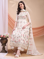 Thumbnail for Floral Embroidered Anarkali Kurta With Pant & Embroidered Dupatta, Cream - Hiral Fashion - Distacart