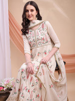 Thumbnail for Floral Embroidered Anarkali Kurta With Pant & Embroidered Dupatta, Cream - Hiral Fashion - Distacart