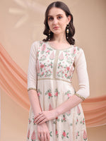 Thumbnail for Floral Embroidered Anarkali Kurta With Pant & Embroidered Dupatta, Cream - Hiral Fashion - Distacart