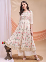 Thumbnail for Floral Embroidered Anarkali Kurta With Pant & Embroidered Dupatta, Cream - Hiral Fashion - Distacart
