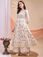 Thumbnail for Floral Embroidered Anarkali Kurta With Pant & Embroidered Dupatta, Cream - Hiral Fashion - Distacart