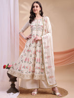 Thumbnail for Floral Embroidered Anarkali Kurta With Pant & Embroidered Dupatta, Cream - Hiral Fashion - Distacart