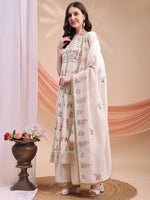 Thumbnail for Floral Embroidered Anarkali Kurta With Pant & Embroidered Dupatta, Cream - Hiral Fashion - Distacart