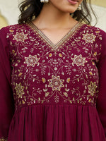 Thumbnail for Emboidered Flared Kurta With Pant & Embroidered Dupatta, Maroon - Hiral Fashion - Distacart