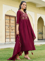 Thumbnail for Emboidered Flared Kurta With Pant & Embroidered Dupatta, Maroon - Hiral Fashion - Distacart