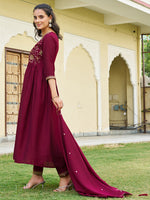 Thumbnail for Emboidered Flared Kurta With Pant & Embroidered Dupatta, Maroon - Hiral Fashion - Distacart