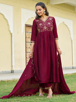 Thumbnail for Emboidered Flared Kurta With Pant & Embroidered Dupatta, Maroon - Hiral Fashion - Distacart