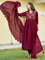 Thumbnail for Emboidered Flared Kurta With Pant & Embroidered Dupatta, Maroon - Hiral Fashion - Distacart