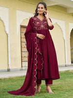 Thumbnail for Emboidered Flared Kurta With Pant & Embroidered Dupatta, Maroon - Hiral Fashion - Distacart