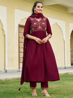 Thumbnail for Emboidered Flared Kurta With Pant & Embroidered Dupatta, Maroon - Hiral Fashion - Distacart