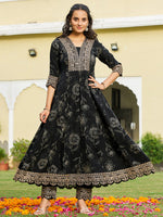 Thumbnail for Mirror Embroidered Anarkali Kurta With Matching Pant & Embroidered Chiffon Dupatta, Black - Hiral Fashion - Distacart