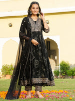 Thumbnail for Mirror Embroidered Anarkali Kurta With Matching Pant & Embroidered Chiffon Dupatta, Black - Hiral Fashion - Distacart