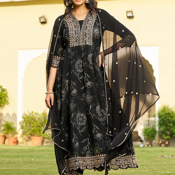 Mirror Embroidered Anarkali Kurta With Matching Pant & Embroidered Chiffon Dupatta, Black - Hiral Fashion - Distacart