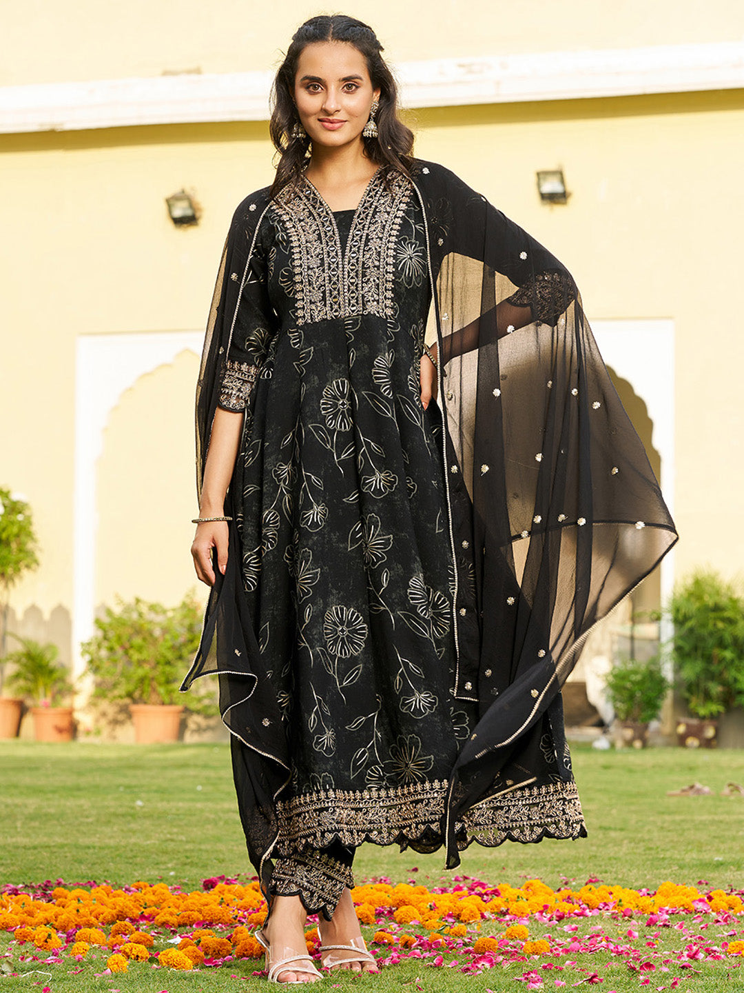 Mirror Embroidered Anarkali Kurta With Matching Pant & Embroidered Chiffon Dupatta, Black - Hiral Fashion - Distacart