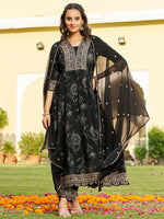 Thumbnail for Mirror Embroidered Anarkali Kurta With Matching Pant & Embroidered Chiffon Dupatta, Black - Hiral Fashion - Distacart