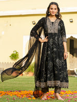 Thumbnail for Mirror Embroidered Anarkali Kurta With Matching Pant & Embroidered Chiffon Dupatta, Black - Hiral Fashion - Distacart