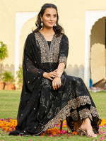 Thumbnail for Mirror Embroidered Anarkali Kurta With Matching Pant & Embroidered Chiffon Dupatta, Black - Hiral Fashion - Distacart