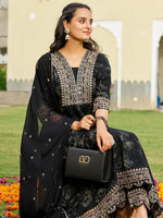 Thumbnail for Mirror Embroidered Anarkali Kurta With Matching Pant & Embroidered Chiffon Dupatta, Black - Hiral Fashion - Distacart