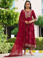 Thumbnail for Mirror Embroidered Anarkali Kurta With Matching Pant & Embroidered Chiffon Dupatta, Maroon - Hiral Fashion - Distacart