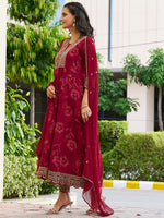 Thumbnail for Mirror Embroidered Anarkali Kurta With Matching Pant & Embroidered Chiffon Dupatta, Maroon - Hiral Fashion - Distacart