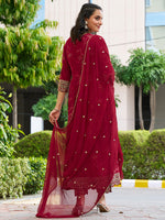 Thumbnail for Mirror Embroidered Anarkali Kurta With Matching Pant & Embroidered Chiffon Dupatta, Maroon - Hiral Fashion - Distacart
