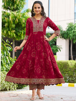 Thumbnail for Mirror Embroidered Anarkali Kurta With Matching Pant & Embroidered Chiffon Dupatta, Maroon - Hiral Fashion - Distacart