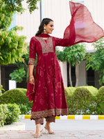 Thumbnail for Mirror Embroidered Anarkali Kurta With Matching Pant & Embroidered Chiffon Dupatta, Maroon - Hiral Fashion - Distacart