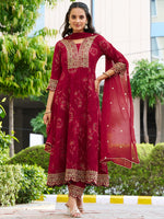 Thumbnail for Mirror Embroidered Anarkali Kurta With Matching Pant & Embroidered Chiffon Dupatta, Maroon - Hiral Fashion - Distacart