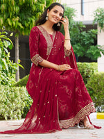 Thumbnail for Mirror Embroidered Anarkali Kurta With Matching Pant & Embroidered Chiffon Dupatta, Maroon - Hiral Fashion - Distacart