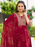 Thumbnail for Mirror Embroidered Anarkali Kurta With Matching Pant & Embroidered Chiffon Dupatta, Maroon - Hiral Fashion - Distacart