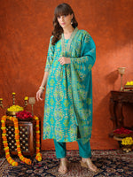 Thumbnail for Embroidered & Printed Kurta With Pant & Coordinated Dupatta, Turquoise - Hiral Fashion - Distacart