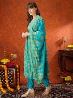 Thumbnail for Embroidered & Printed Kurta With Pant & Coordinated Dupatta, Turquoise - Hiral Fashion - Distacart
