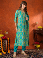 Thumbnail for Embroidered & Printed Kurta With Pant & Coordinated Dupatta, Turquoise - Hiral Fashion - Distacart
