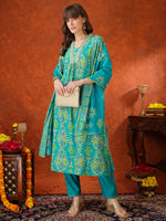 Thumbnail for Embroidered & Printed Kurta With Pant & Coordinated Dupatta, Turquoise - Hiral Fashion - Distacart