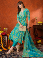 Thumbnail for Embroidered & Printed Kurta With Pant & Coordinated Dupatta, Turquoise - Hiral Fashion - Distacart