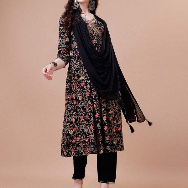 Alia Cut Embroidered & Floral Printed Rayon Kurta With Pant & Dupatta, Multicolor - Hiral Fashion - Distacart