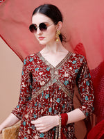 Thumbnail for Alia Cut Embroidered & Floral Printed Rayon Kurta With Pant & Dupatta, Multicolor - Hiral Fashion - Distacart