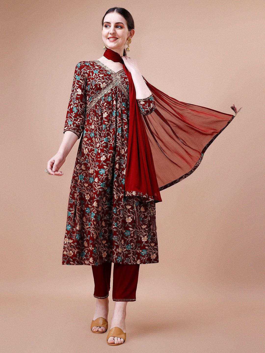 Alia Cut Embroidered & Floral Printed Rayon Kurta With Pant & Dupatta, Multicolor - Hiral Fashion - Distacart