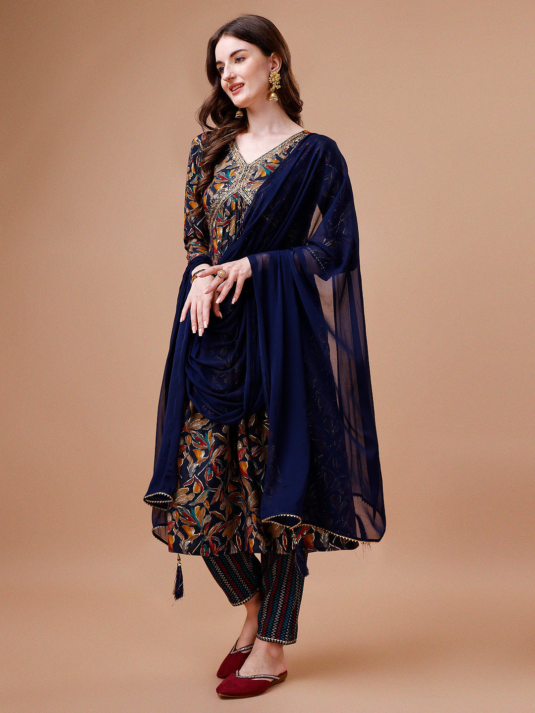 Alia Cut Botanical Printed & Embroidered Rayon Kurta With Pant & Dupatta, Multicolor - Hiral Fashion - Dista