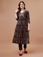 Thumbnail for Alia Cut Botanical Printed & Embroidered Rayon Kurta With Pant & Dupatta, Multicolor - Hiral Fashion - Dista
